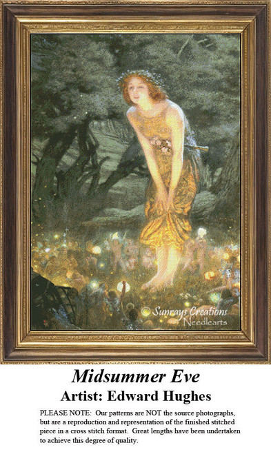 A young woman leans forward in a forest clearing, surrounded by fairies, arranged as a counted cross stitch design by Edward Hughes.
