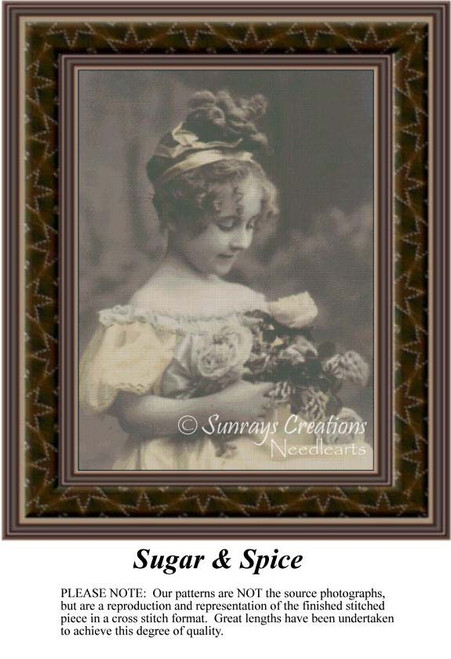 A little girl in a fancy yellow dress holds a bouquet of roses, her curly hair adorned with a ribbon, shown as a PDF pattern for cross stitch.