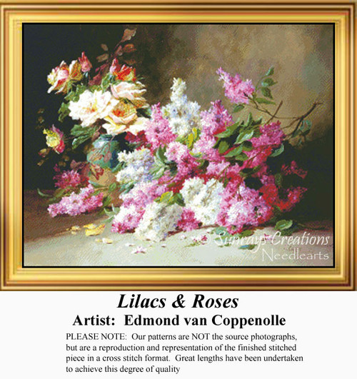A display of pink and white lilacs alongside red and yellow roses come to life as a counted cross stitch design by Edmond van Coppenolle.