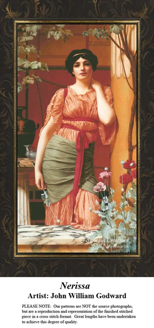 A woman leans against a doorway, gazing outward, translated into a counted cross stitch design by John William Godward.