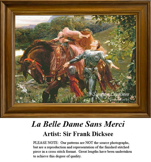 A knight extends his arm to help a lady onto his horse in a lush landscape, created as a counted cross stitch pattern by Sir Frank Dicksee.
