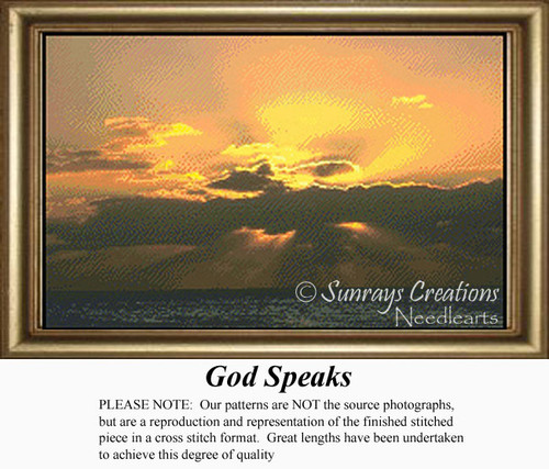 A vibrant sunset with dramatic clouds and rays of light, translated into a counted cross stitch design titled God Speaks.