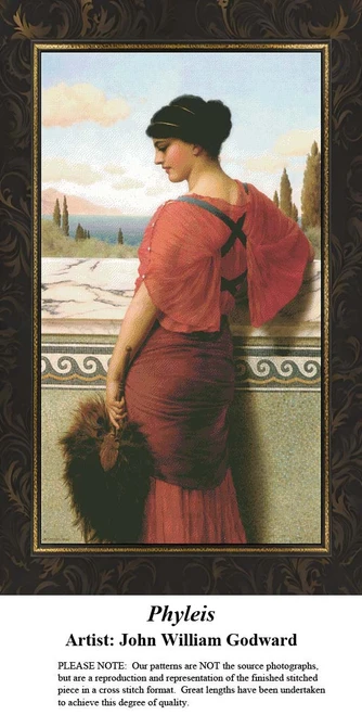 A woman in a flowing red dress leans against a garden wall, waiting as your next cross stitch project inspired by John William Godward.