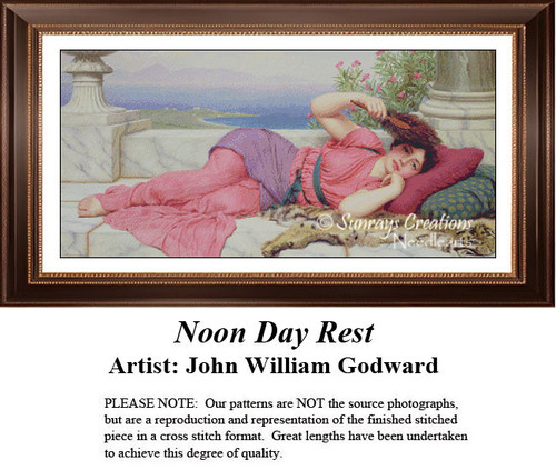 A woman reclining on a marble divan, fanning herself, in this counted cross stitch pattern by John William Godward from the Pre-Raphaelite movement.