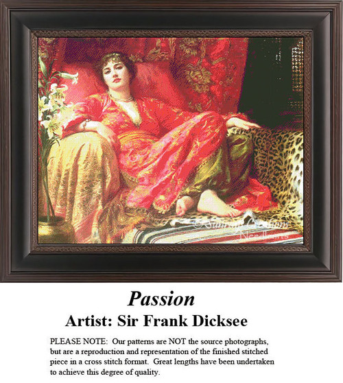 A woman in vibrant red lounge attire reclines in a chair, surrounded by lilies, in this counted cross stitch design by Sir Frank Dicksee.