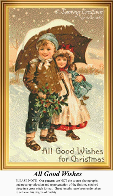 A boy and a girl walk under an umbrella in heavy snow, holding a festive greenery, brought to life as a counted cross stitch pattern.