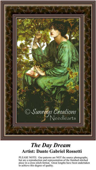 A young woman sits gracefully under a honeysuckle tree, created as a counted cross stitch pattern inspired by Dante Gabriel Rossetti.