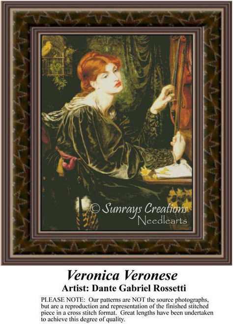 A woman in a green dress strokes a violin while seated near a caged yellow bird, translated into a counted cross stitch design by Dante Gabriel.