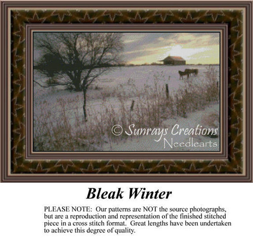 A snow-covered field at sunset with grazing animals on a farm, yours to stitch as a counted cross stitch chart.