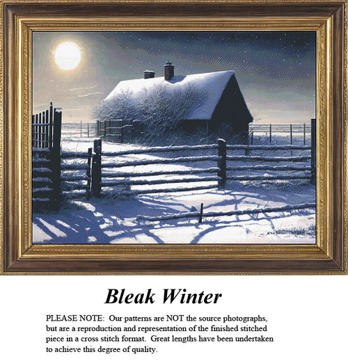 A snow-covered field being lit up by the moonlight on a desolate farm, yours to stitch as a counted cross-stitch chart.