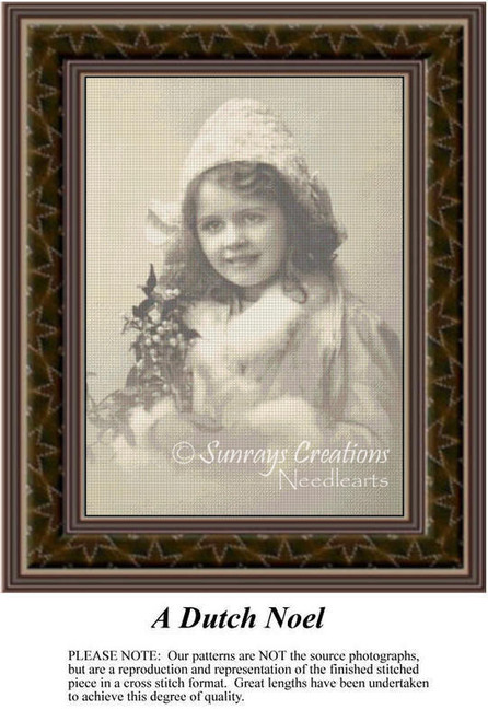 A little girl in winter clothing holds a twig of holly, composed as a counted cross stitch pattern for holiday decor.