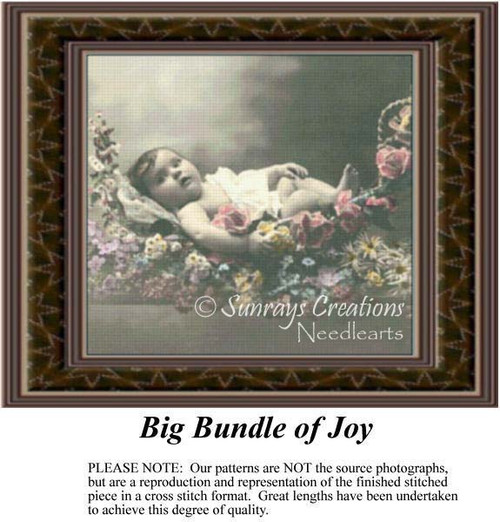 A chubby baby boy lies peacefully in a hammock of flowers, arranged as a counted cross stitch design. What a sweet scene!
