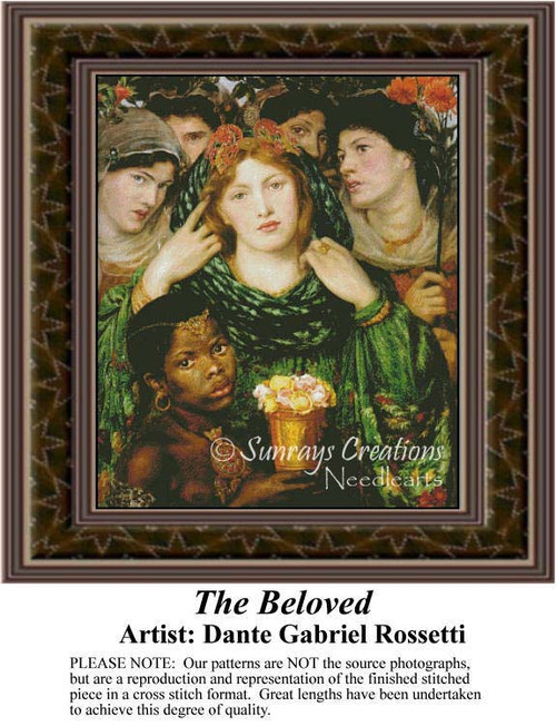 A radiant bride with red hair stands among her attendants, including an African child holding a vase of roses, brought to life as a counted cross.