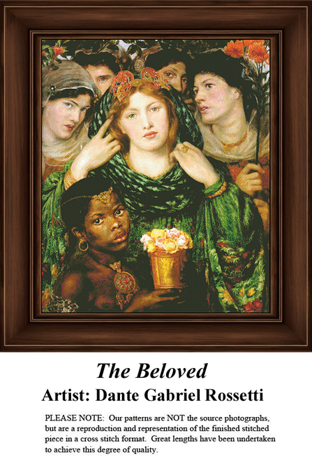 A detailed counted cross-stitch pattern preview of Dante Gabriel Rossetti's 1865 masterpiece, "The Beloved." The opulent fine art design depicts a central, pale-skinned bride pulling back her veil, closely surrounded by diversely beautiful bridesmaids and an African page holding a vase of roses, all dressed in lavish, jewel-toned patterned robes and intricate historic jewelry.