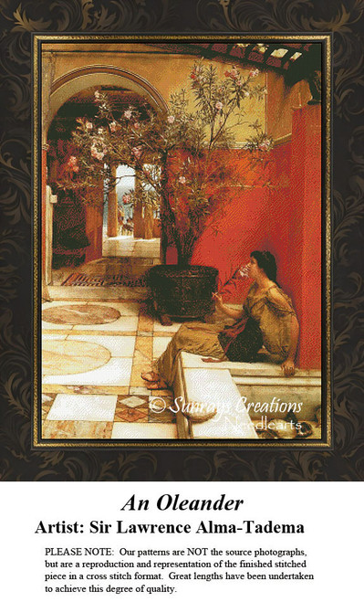 A woman sits on the floor, sniffing an oleander flower, transformed into a counted cross stitch pattern by Sir Lawrence Alma-Tadema.