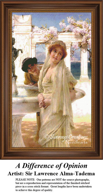 A young couple stands by a fountain, engaged in conversation, brought to life as a counted cross stitch pattern by Sir Lawrence Alma-Tadema.