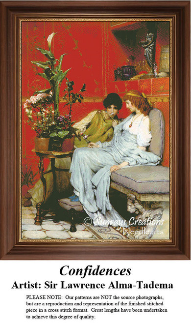 Two women sit in a vibrant orange/red parlor, deeply engaged in conversation, captured as a counted cross stitch pattern.