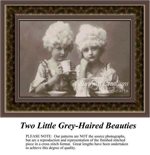 Two girls in powdered wigs sip tea and eat crumpets, come to life as a counted cross stitch design in sepia tones.
