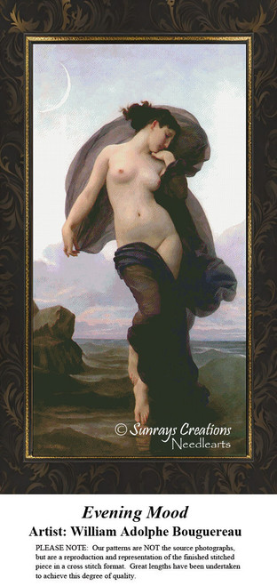 A nude woman draped in a flowing black veil stands by the water, designed as a cross stitch kit from William Adolphe Bouguereau's artwork.