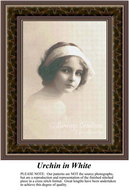 A young girl gazes playfully with a headband, created as a counted cross stitch pattern, yours as a counted cross stitch kit.