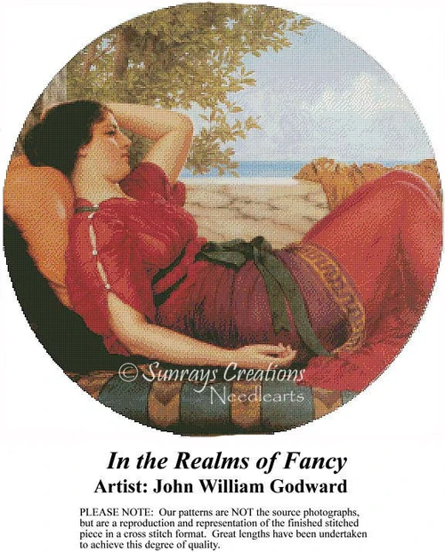 A woman reclines outdoors, daydreaming under trees by the sea, preserved as a counted cross stitch pattern by artist John William Godward.