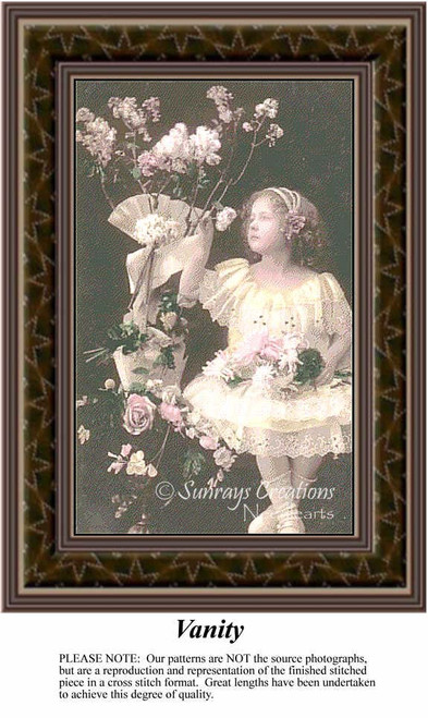 A young girl in white lace reaches for fresh flowers, waiting as your next cross stitch project to bring to life in thread.