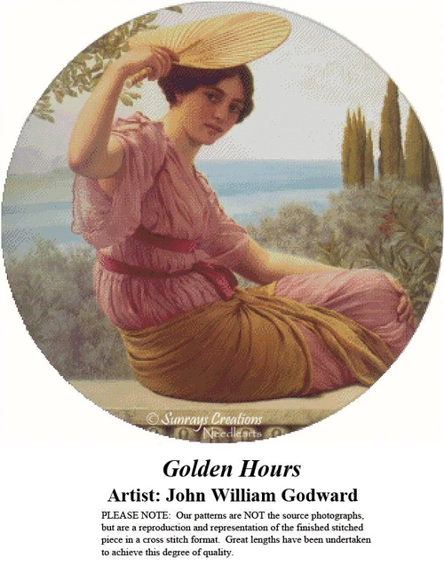 A woman sits in a garden, waving a fan to cool herself, arranged as a counted cross stitch design by artist John William Godward.