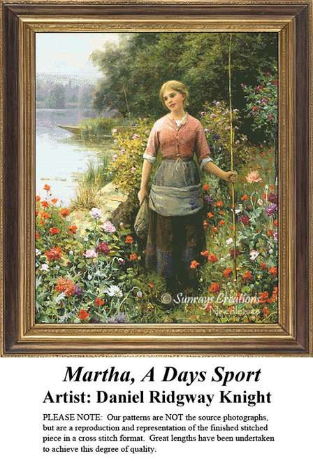 A woman stands beside a river, holding a cane fishing pole, surrounded by colorful flowers in this cross stitch kit by Daniel Ridgway Knight.