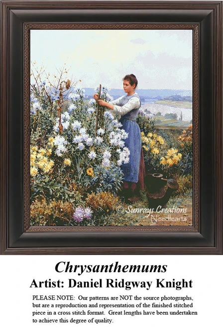 A woman tending to tall chrysanthemums in her garden, designed as a cross stitch pattern by Daniel Ridgway Knight in the Impressionist style.