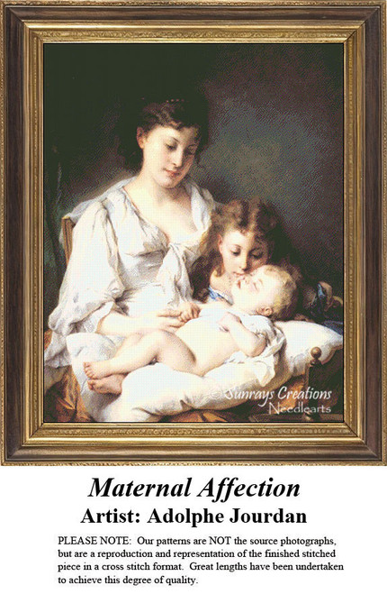 A mother cradles her infant on her lap, while an older sister leans in, gazing at the baby. This is a cross stitch chart inspired by Adolphe Jourdan.