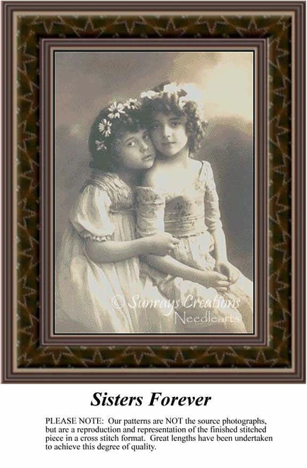 Two sisters share a warm hug, their bond evident, in this sepia xstitch design. Only full cross stitches are used to recreate their loving moment.