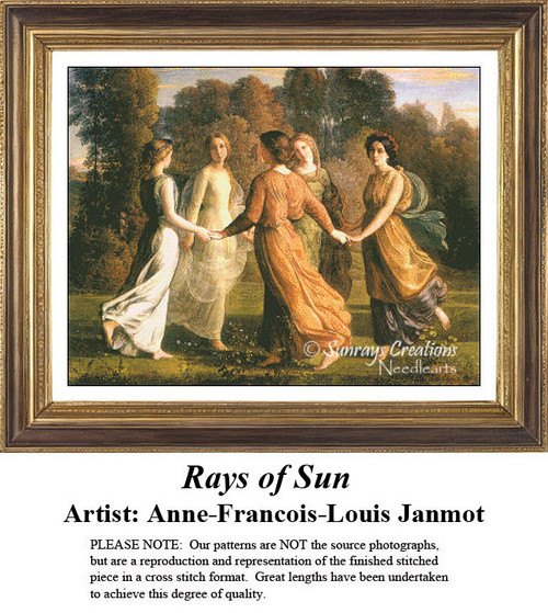 Five young women in flowing gowns dance in a circle among trees and foliage, transformed into a counted cross stitch pattern.