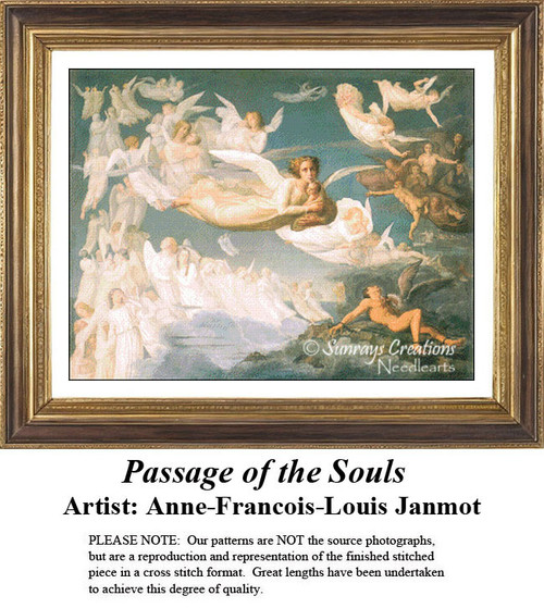 A scene of angels carrying souls to their final resting place is shown in this counted cross stitch pattern by Anne-Francois-Louis Janmot.