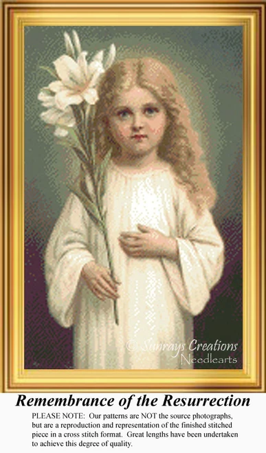 A little girl in a white robe holds a white lily, surrounded by soft pastel colors in this counted cross stitch chart.