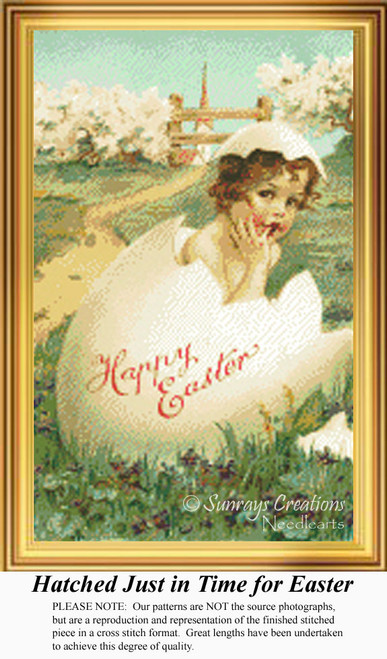 A little girl breaks through a large Easter egg, surrounded by greenery, created as a counted cross stitch pattern.