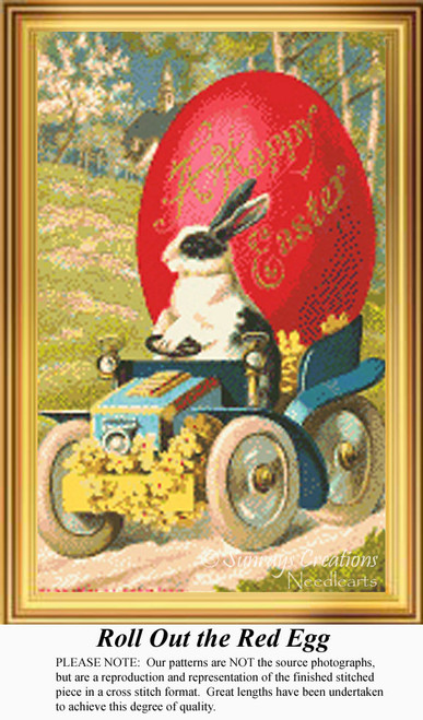 A rabbit drives a blue car with yellow flowers, parading a large red Easter egg, immortalized as a counted cross stitch pattern.