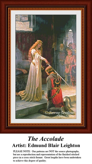 A red-haired queen inducts a young man into knighthood during a medieval ceremony, captured in this digital file inspired by Edmund Blair Leighton.