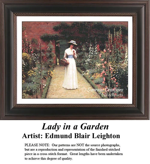 A woman walks along a garden path surrounded by colorful flowers, framed as a counted cross stitch chart by artist Edmund Blair Leighton.