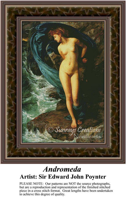 A woman stands gracefully among rocky cliffs and waves, offered as a counted cross stitch pattern from artist Sir Edward John Poynter.