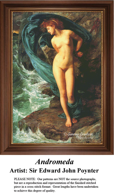 A woman stands gracefully among rocky cliffs and waves, offered as a counted cross stitch pattern from artist Sir Edward John Poynter.