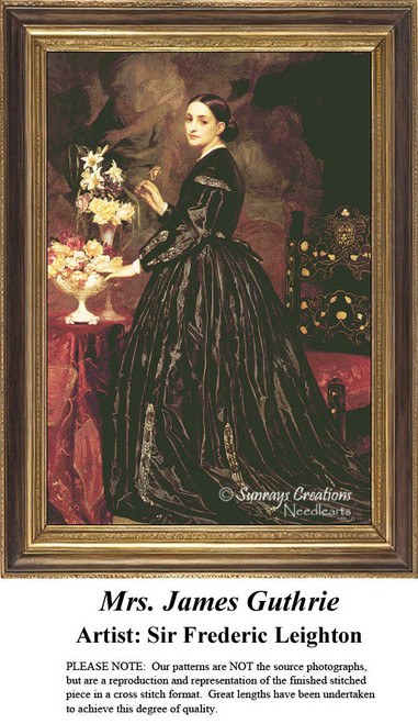 A woman in a black silk gown arranges flowers beside a vase, embodying Victorian elegance in this cross stitch project from Sir Frederic Leighton.