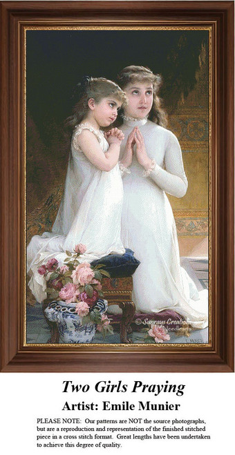 Two girls kneel with hands clasped in prayer, their reverence reimagined as a counted cross stitch pattern by artist Emile Munier.