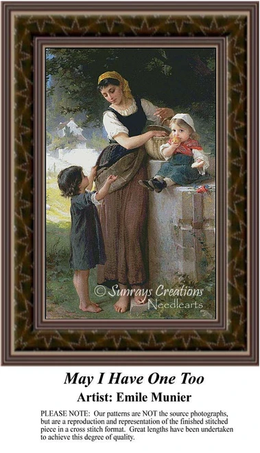 A mother feeds her youngest child fruit while the older child tugs at her apron, come to life as a counted cross stitch design.