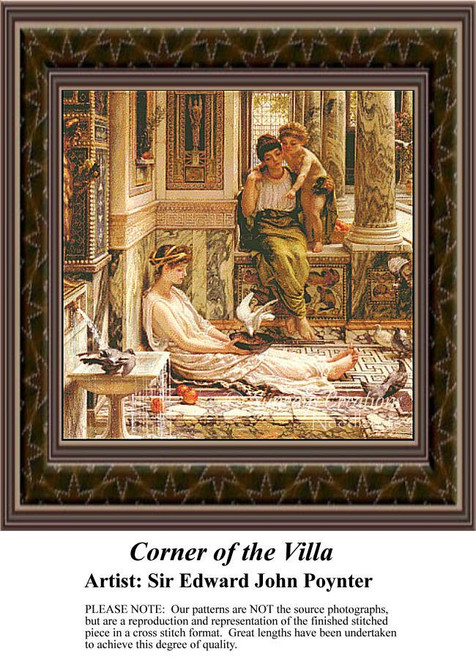 A woman sits on the floor, holding a bowl of water as a dove bathes, arranged as a counted cross stitch design by Sir Edward John Poynter.