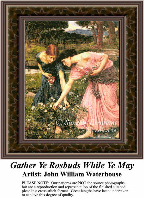 Two women gather wildflowers in a sunlit meadow, designed as a BAP cross stitch pattern from John William Waterhouse's art.