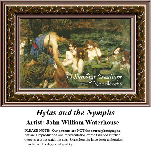 Hylas leans over a lily pad-covered pond, meeting the playful nymphs, illustrated as a counted cross stitch pattern yours as a counted cross stitch.