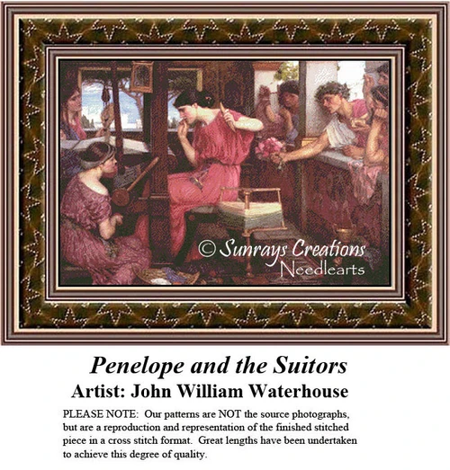 A group of women interact indoors, with one sitting by a window, reimagined as a counted cross stitch pattern from John William Waterhouse.