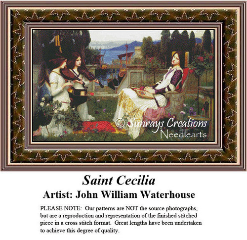 Saint Cecilia is seated in a garden as two angels play a violin and lute, yours as a counted cross stitch kit by John William Waterhouse.