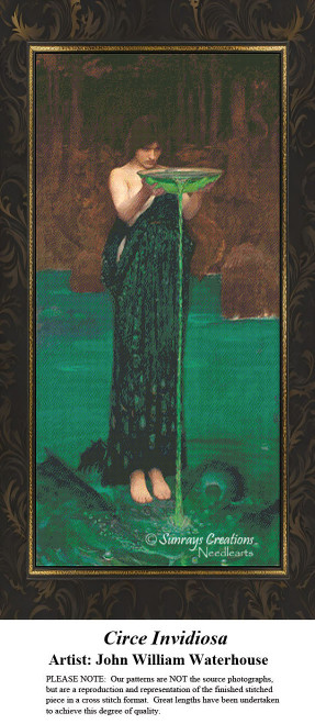A woman in a flowing green dress stands over a bowl, casting a spell in this counted cross stitch pattern, yours as a counted cross stitch kit.