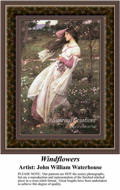 A young woman gathers flowers in her apron as the wind blows through her hair, transformed into a counted cross stitch pattern.